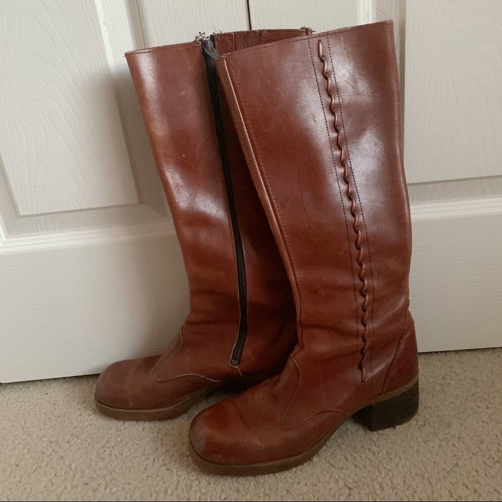 Vintage cognac leather riding boots braid detail